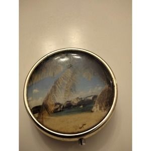 One Vintage Pill Box Gold Color Metal- Art On Top 2" Round